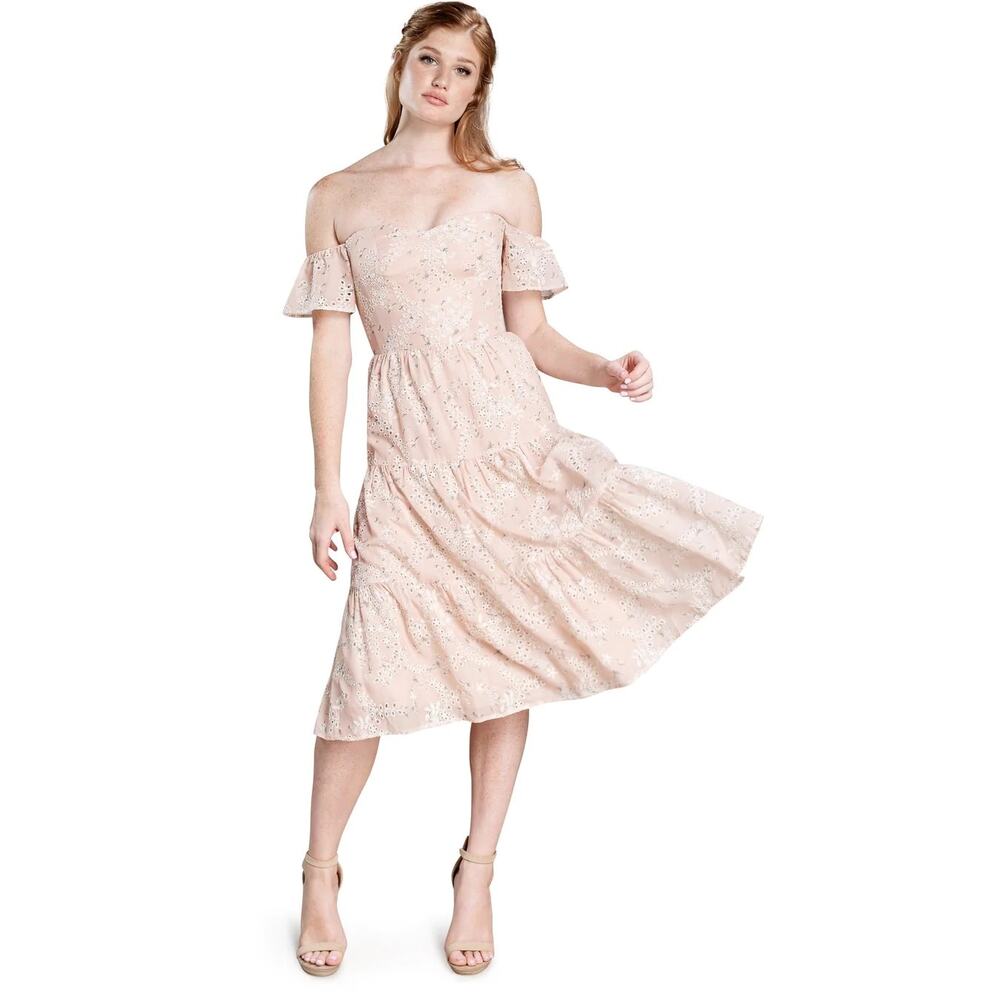 Dress the Population River Blush Pink Off Shoulder Eyelet Tiered Midi Dress NWT